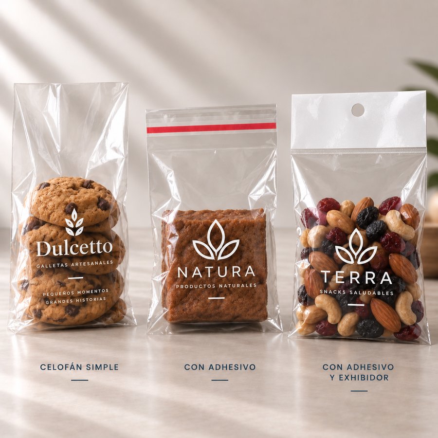 Bolsas de Celofán simple, con adhesivo y con exhibidor